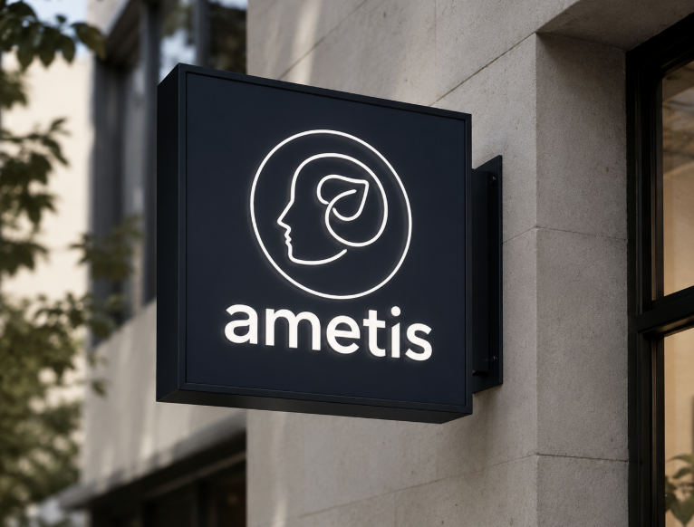 Ametis — szyld z logotypem centrum psychoterapii